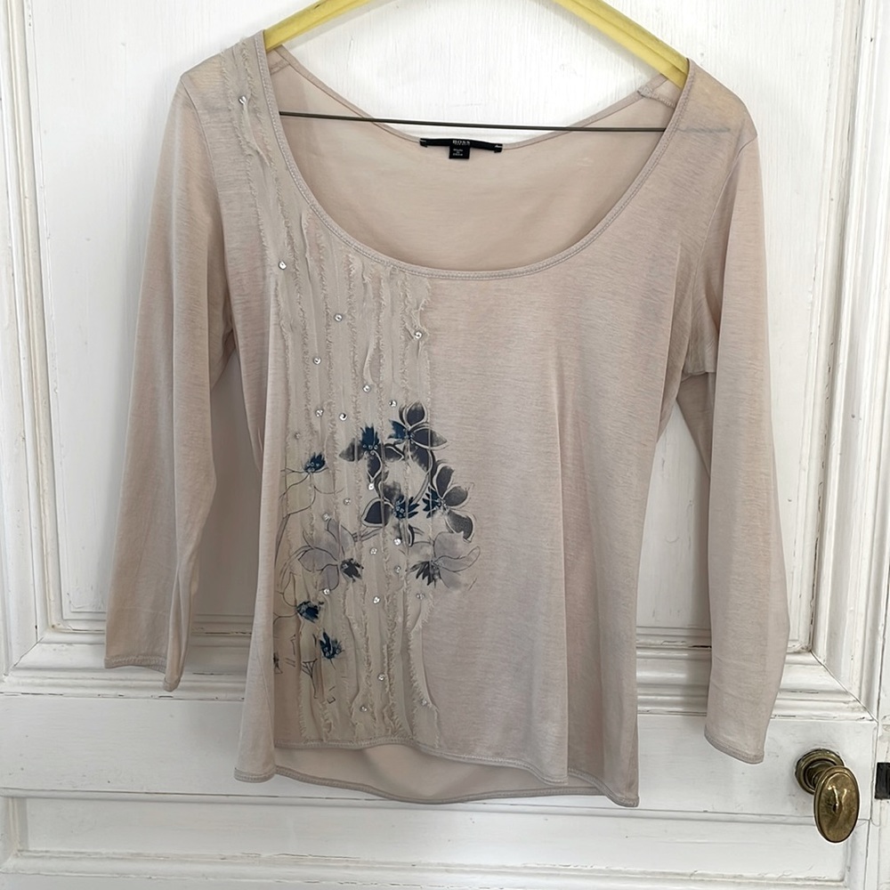 HUGO BOSS long sleeve boat neck blouse with rhinestones and flower detail